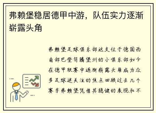 弗赖堡稳居德甲中游，队伍实力逐渐崭露头角