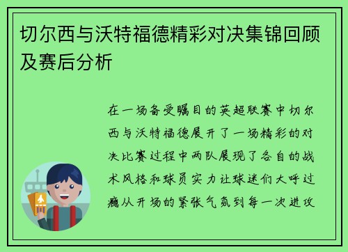 切尔西与沃特福德精彩对决集锦回顾及赛后分析
