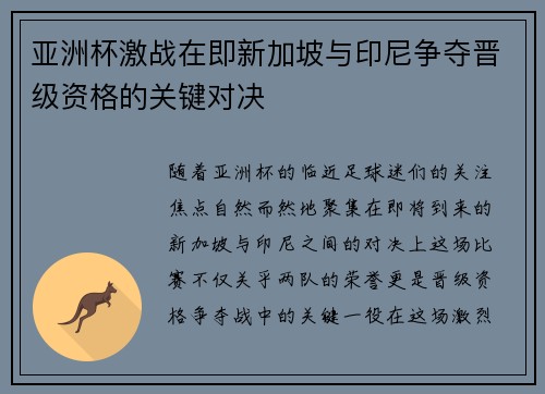 亚洲杯激战在即新加坡与印尼争夺晋级资格的关键对决