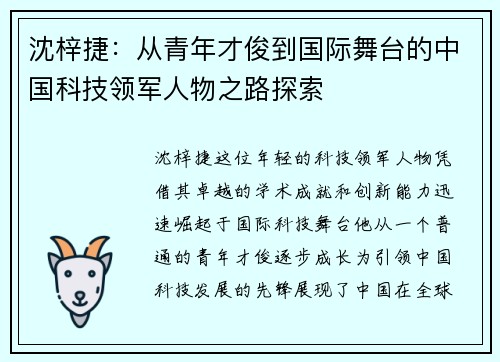 沈梓捷：从青年才俊到国际舞台的中国科技领军人物之路探索
