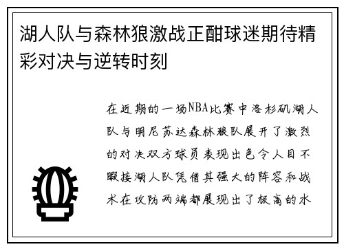 湖人队与森林狼激战正酣球迷期待精彩对决与逆转时刻