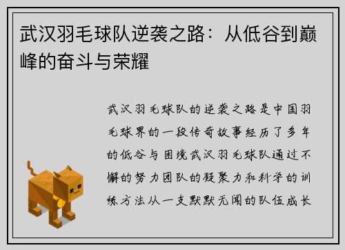 武汉羽毛球队逆袭之路：从低谷到巅峰的奋斗与荣耀