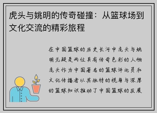 虎头与姚明的传奇碰撞：从篮球场到文化交流的精彩旅程