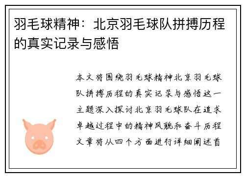 羽毛球精神：北京羽毛球队拼搏历程的真实记录与感悟