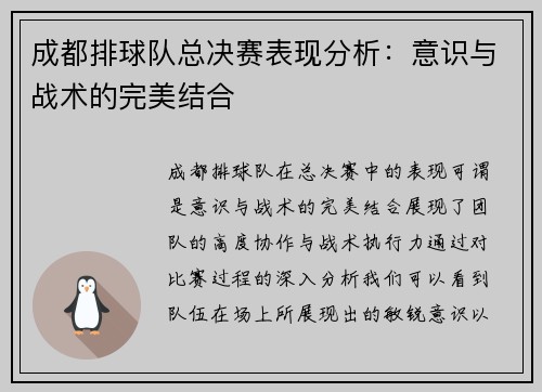 成都排球队总决赛表现分析：意识与战术的完美结合