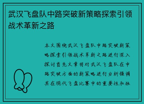 武汉飞盘队中路突破新策略探索引领战术革新之路