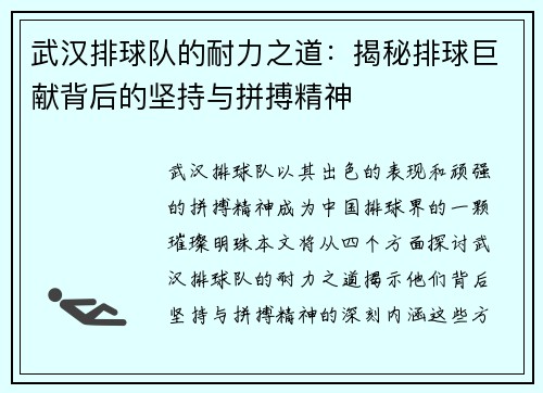 武汉排球队的耐力之道：揭秘排球巨献背后的坚持与拼搏精神