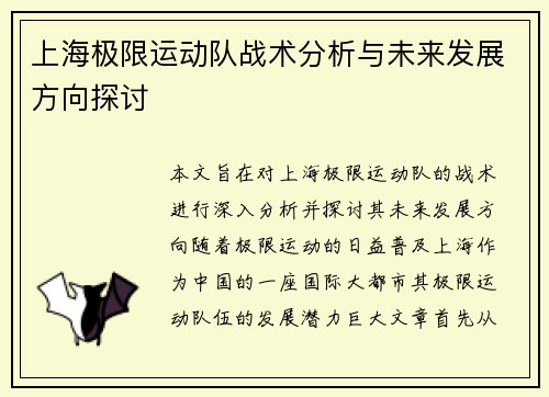 上海极限运动队战术分析与未来发展方向探讨